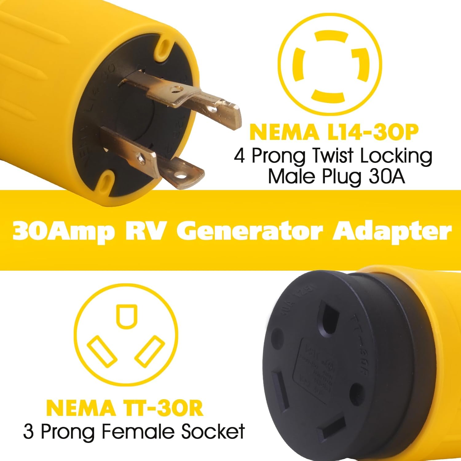 RV Adapter, NEMA 30 Amp L14-30P 4-Prong Twist-Lock Power Male Plug to 30 Amp TT-30R Female Outlet Output 120V, Generator Power Adapter - AceupEnergy