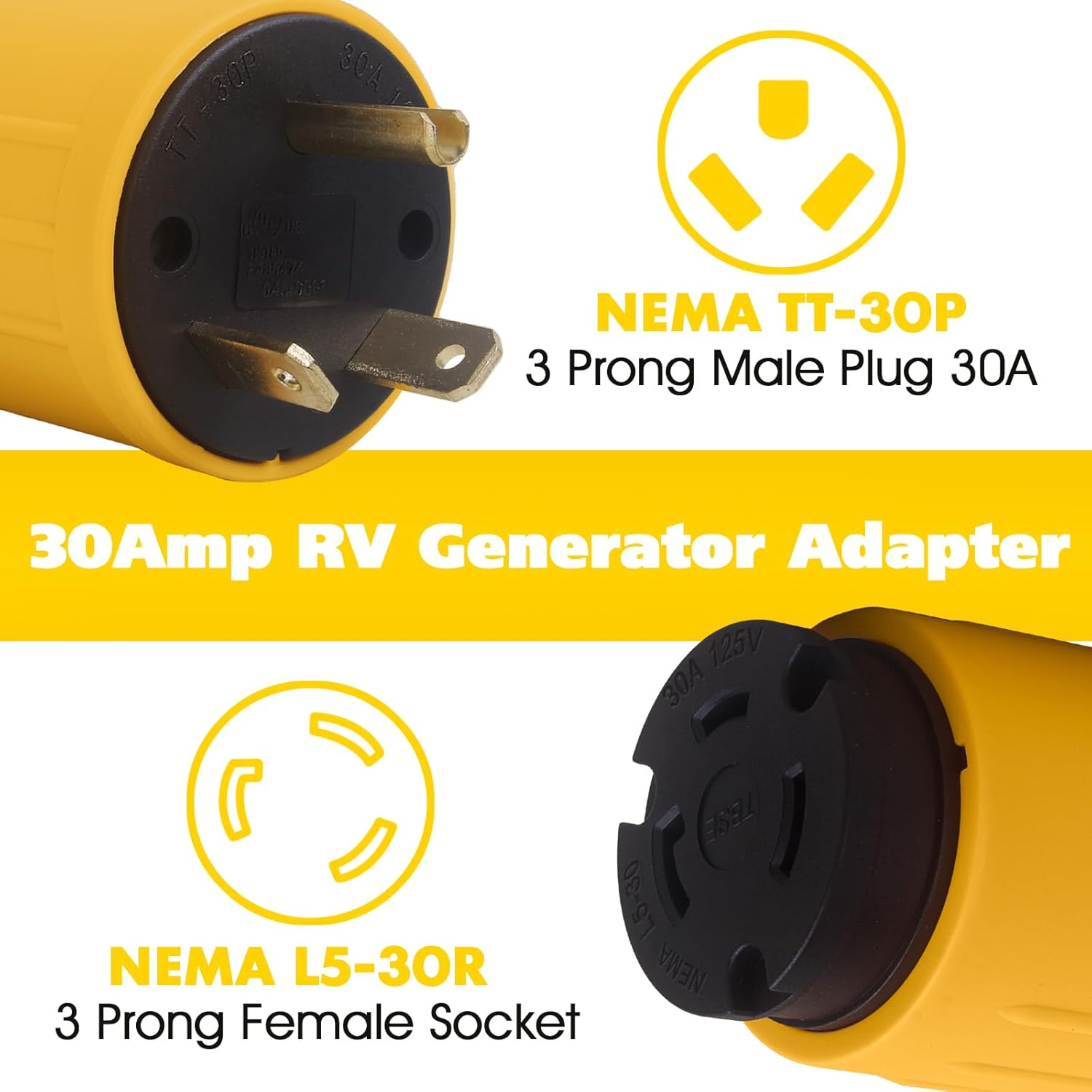 RV Adapter, 30 Amp NEMA TT-30P 3-Prong Twist-Lock Power Male Plug to L5-30R Female Outlet Output 125V, Generator Power Adapter - AceupEnergy