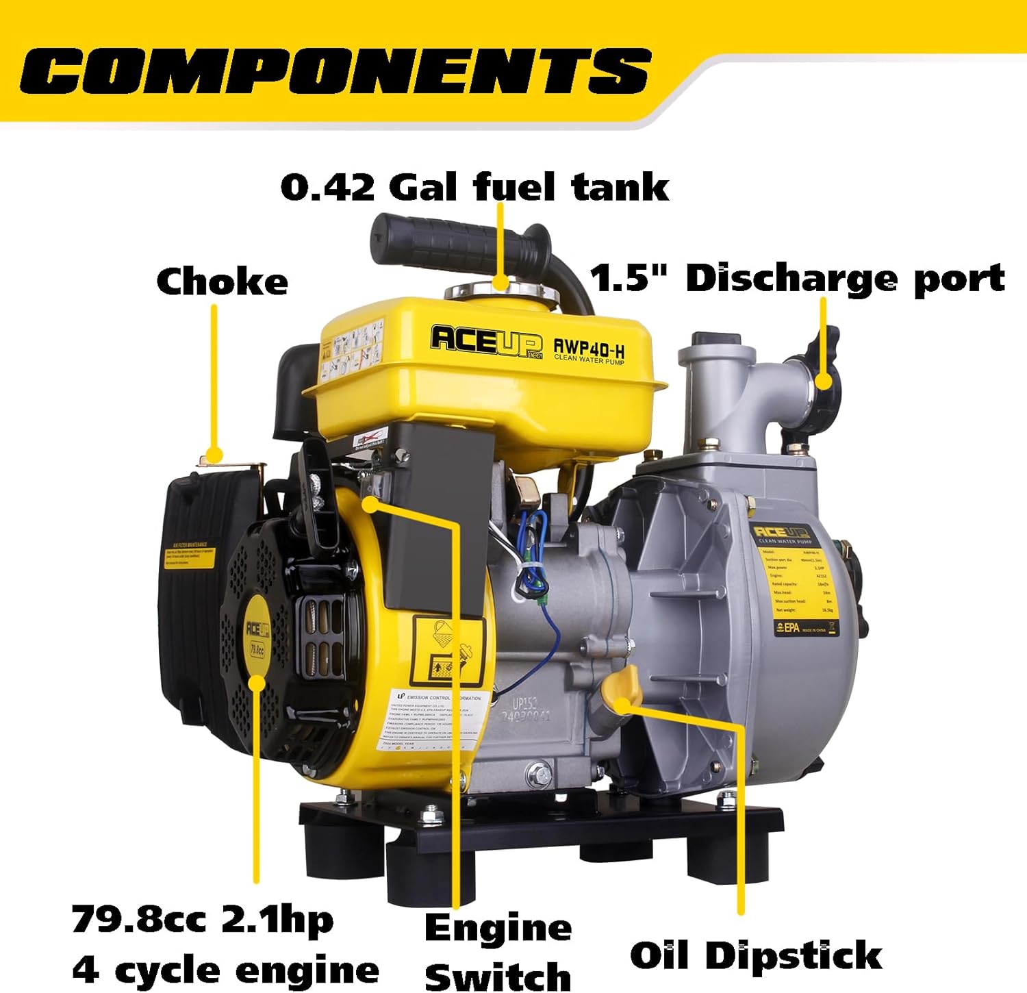 Aceup Energy Gas Water Pump 1.5-Inch with Hose, 79 GPM 79.8cc 2.1 HP Gas Powered Water Pump, Lightweight, EPA Certified - AceupEnergy