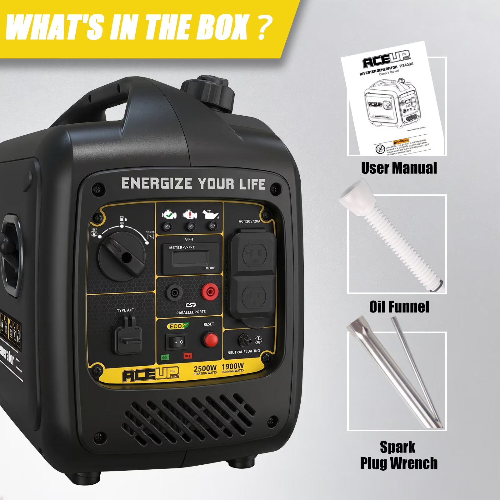 Aceup Energy 2500W Inverter Gasoline Generator, Lightweight & Quiet & Portable for Home Backup,RV Camping,Pure Sine Wave,2500W Peak,1900W Rated|TI2400X