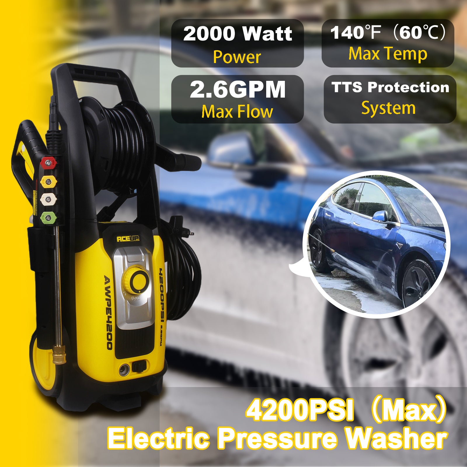 Aceup Energy 4200 PSI Poratble Electric Pressure Washer, Electric Powered for Washing Cars Fences Patios Driveways Lightweight
