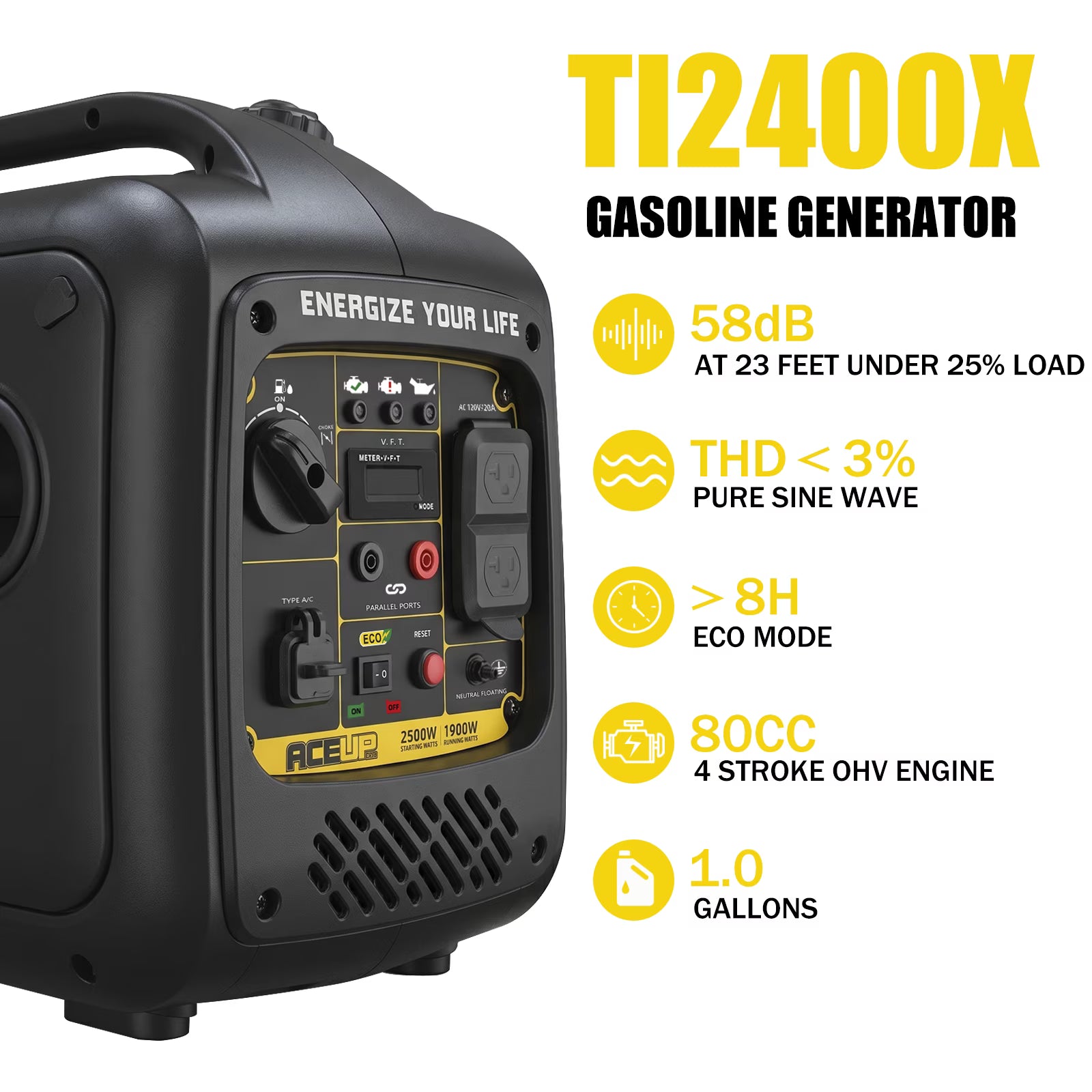 Aceup Energy 2500W Inverter Gasoline Generator, Lightweight & Quiet & Portable for Home Backup,RV Camping,Pure Sine Wave,2500W Peak,1900W Rated|TI2400X