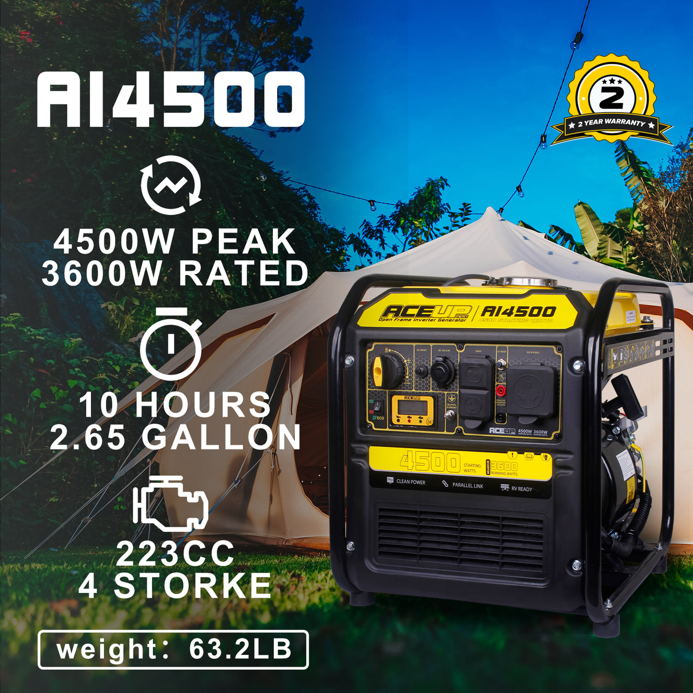 Aceup Energy 4500 Watt Open Frame Inverter Generator, Gas Powered Gene ...