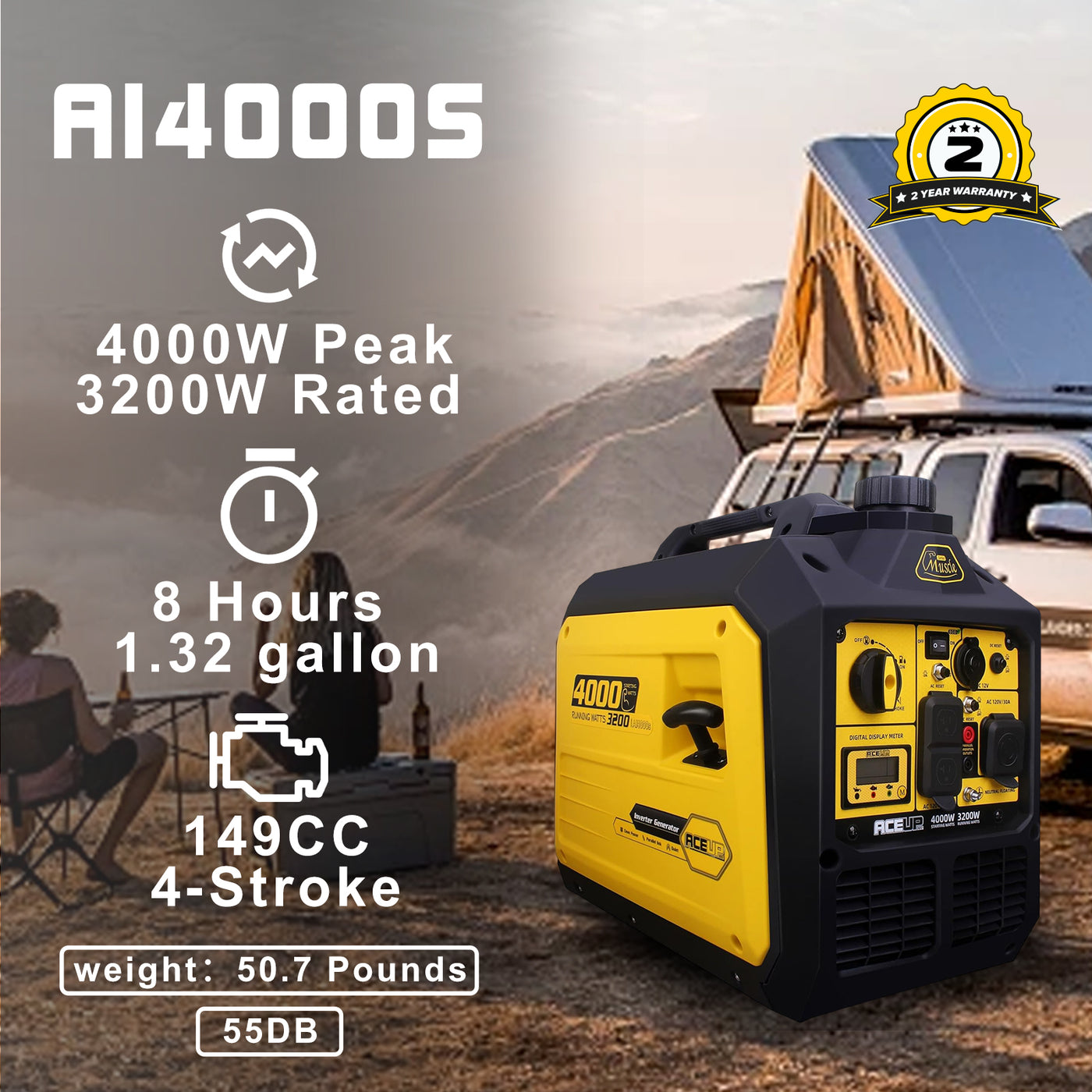 Aceup Energy 4000 Watt Portable Inverter Generator, Quiet Gas Powered ...