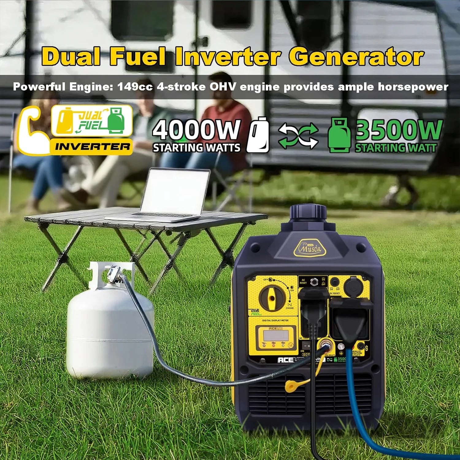 Aceup Energy 4000 Watt Dual Fuel Inverter Generator Portable Quiet, Gas and Propane Powered for Home, RV-Ready, EPA Compliant - AceupEnergy