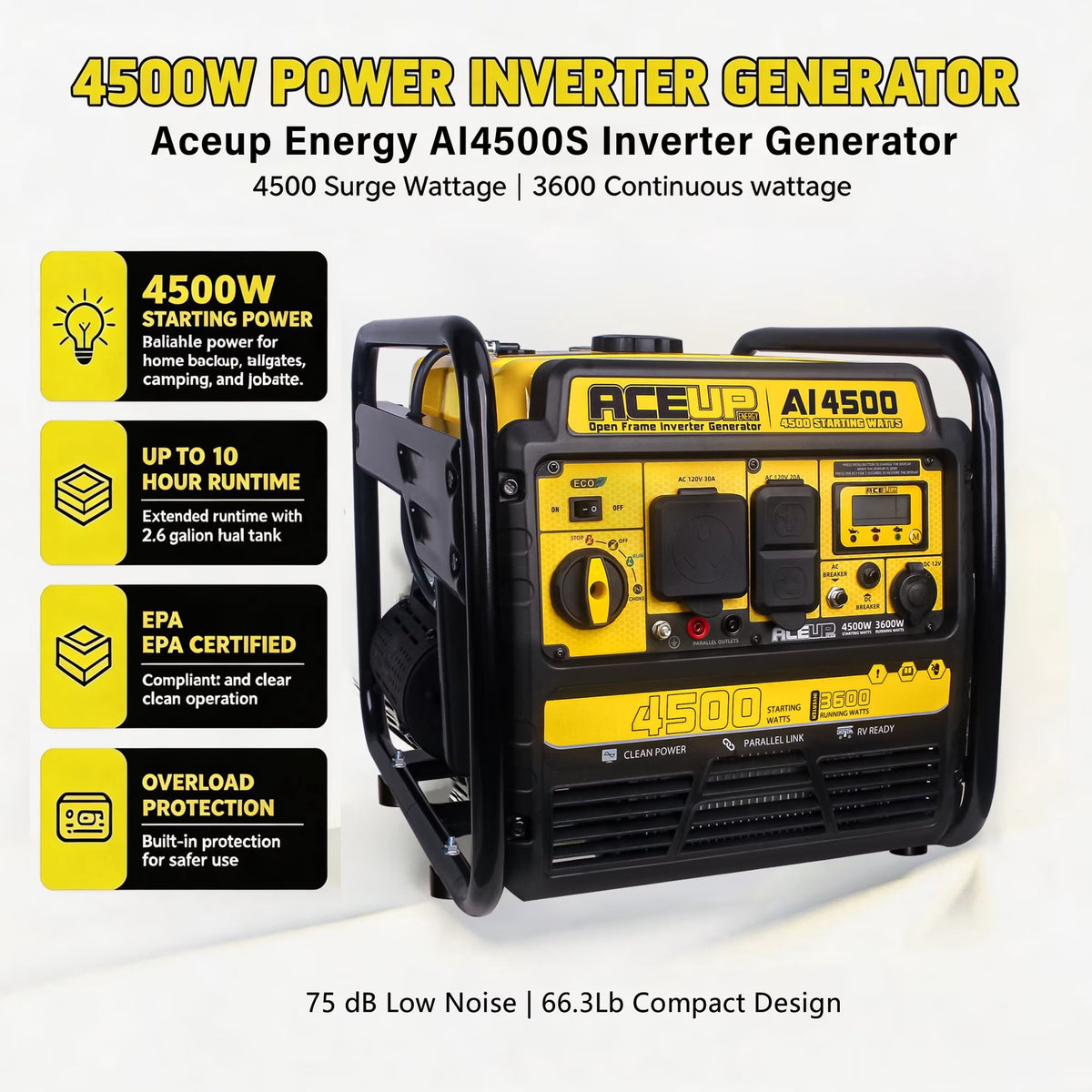Aceup Energy 4500 Watt Inverter Generator 223CC, Gas Powered Generator for Home Use, Camping, EPA Compliant - AceupEnergy