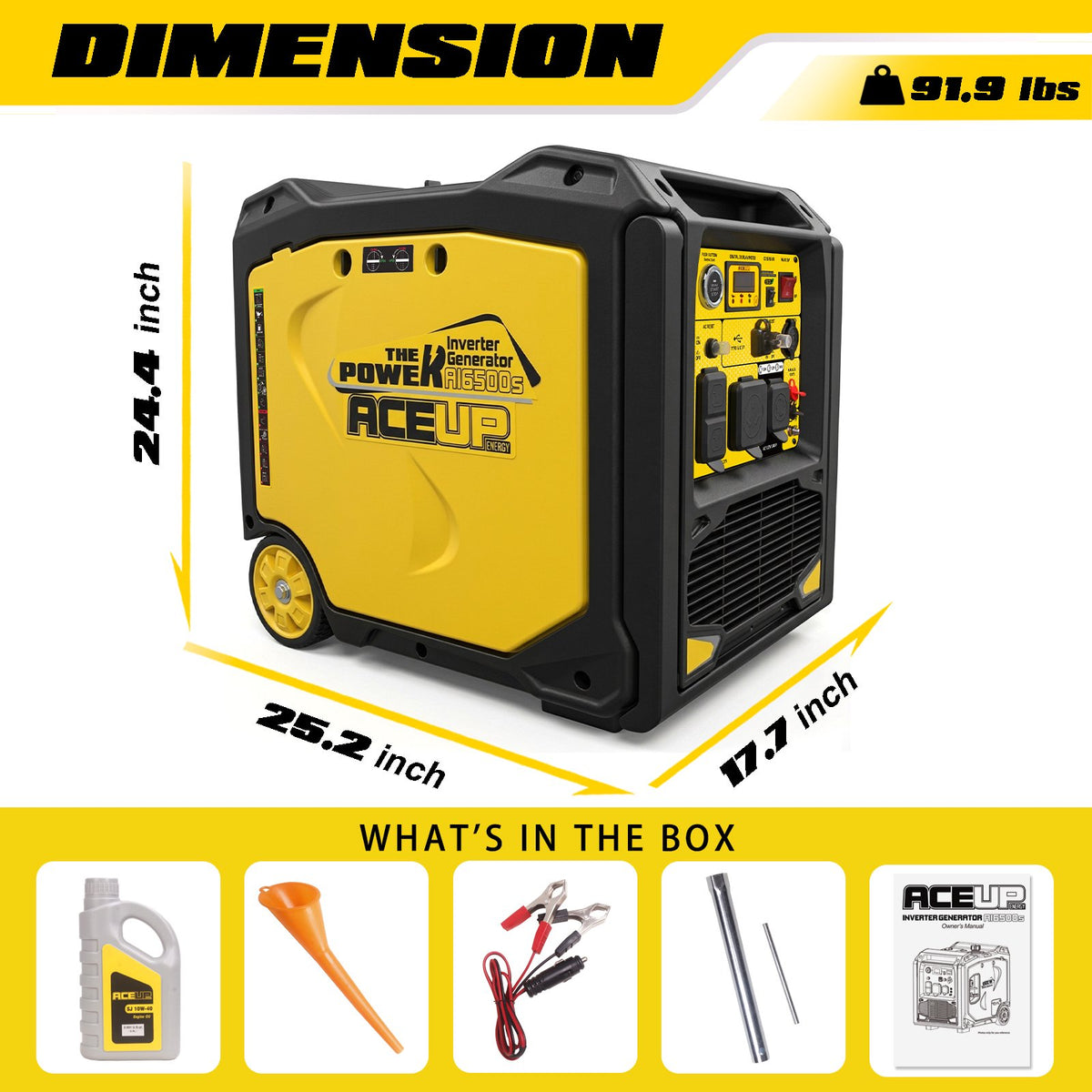 Aceup Energy 6500W Inverter Generator, 5200W Rated, 223cc Gas Powered, Electric Start, CO Sensor, EPA Compliant for Home & RV Camping - AceupEnergy