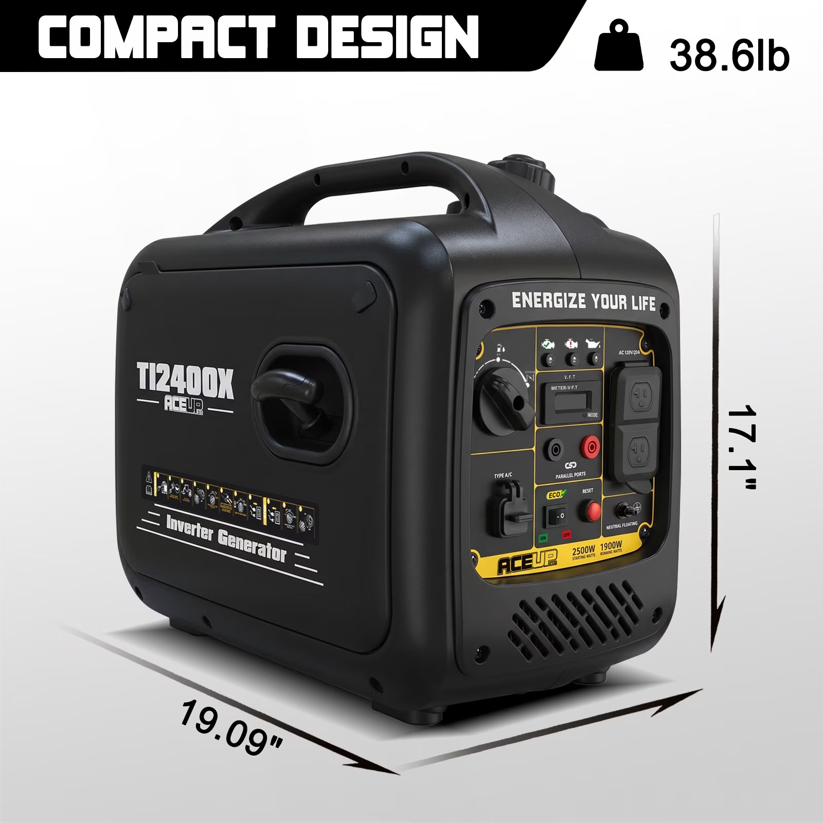 Aceup Energy 2500W Inverter Gasoline Generator, Lightweight & Quiet & Portable for Home Backup,RV Camping,Pure Sine Wave,2500W Peak,1900W Rated|TI2400X