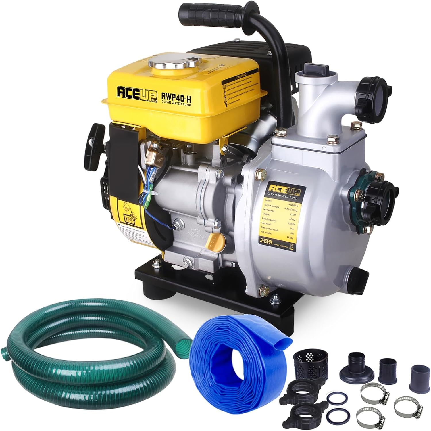 Aceup Energy Gas Water Pump 1.5-Inch with Hose, 79 GPM 79.8cc 2.1 HP Gas Powered Water Pump, Lightweight, EPA Certified