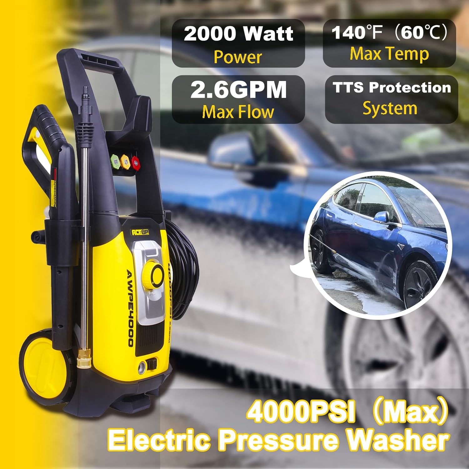 Aceup Energy 4000 PSI 2.6GPM Portable Electric Pressure Washer for Cars Fences Patios Driveways, Lightweight