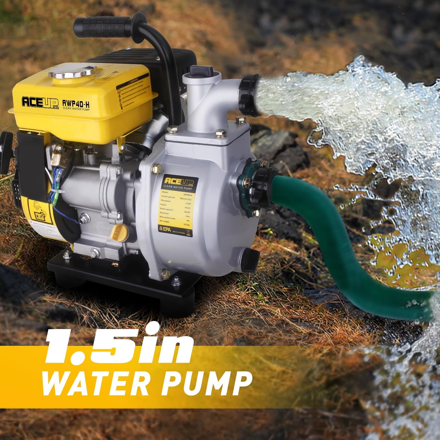 Aceup Energy Gas Water Pump 1.5-Inch with Hose, 79 GPM 79.8cc 2.1 HP Gas Powered Water Pump, Lightweight, EPA Certified