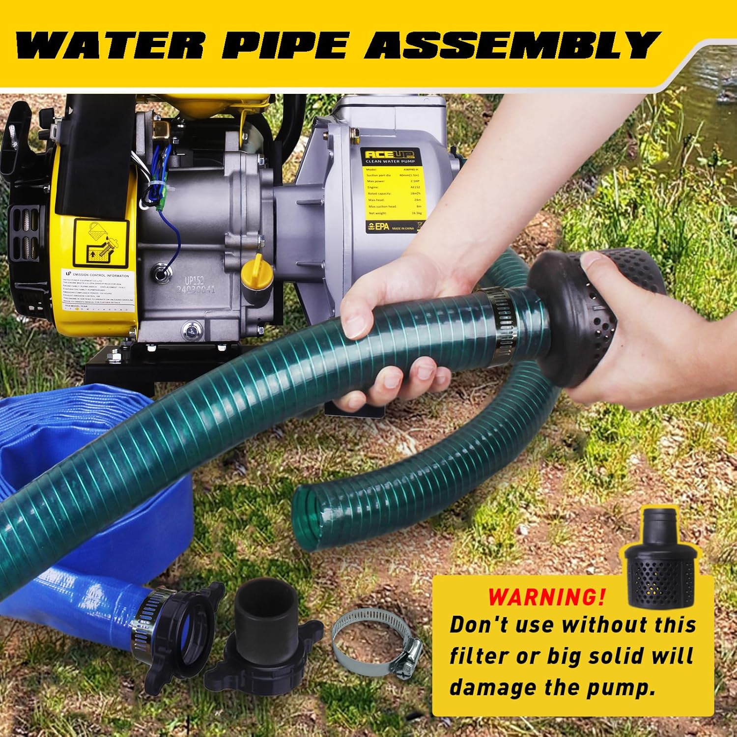 Aceup Energy Gas Water Pump 1.5-Inch with Hose, 79 GPM 79.8cc 2.1 HP Gas Powered Water Pump, Lightweight, EPA Certified